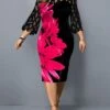 Women‘s Plus Size Curve Party Dress Print Crew Neck 3/4 Length Sleeve Spring Fall Work Casual Prom Dress Midi Dress Casual Daily Dress