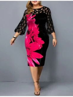 Women‘s Plus Size Curve Party Dress Print Crew Neck 3/4 Length Sleeve Spring Fall Work Casual Prom Dress Midi Dress Casual Daily Dress