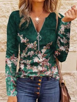 Women's T Shirt Tee Blue Purple Brown Floral Quarter Zip Print Long Sleeve Holiday Weekend Fashion Daily Basic V Neck Regular Fit Floral Painting Fall & Winter