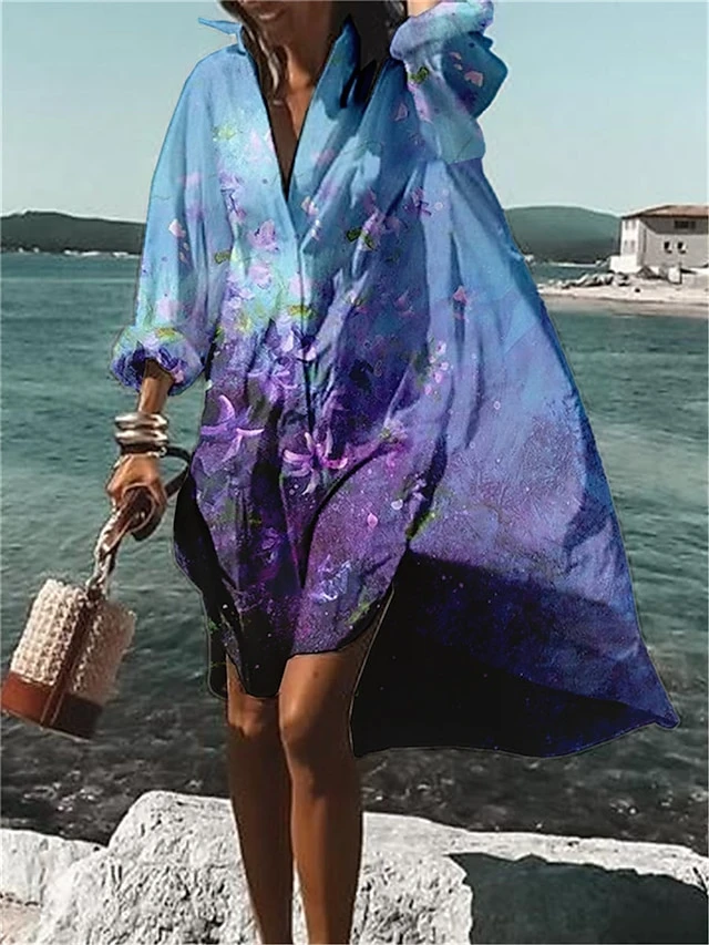 Women's Shirt Dress Casual Dress Swing Dress Mini Dress Outdoor Daily Vacation Polyester Fashion Casual Shirt Collar Button Print Long Sleeve Summer Spring Fall 2023 Loose Fit White Blue Purple Floral 2 Women's Shirt Dress Casual Dress Swing Dress Mini Dress Outdoor Daily Vacation Polyester Fashion Casual Shirt Collar Button Print Long Sleeve Summer Spring Fall 2023 Loose Fit White Blue Purple Floral - Image 2