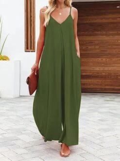 Women's Jumpsuit Backless Pocket Solid Color V Neck Streetwear Daily Vacation Regular Fit Spaghetti Strap Black Light Green Army Green S M L Spring 14 Women's Jumpsuit Backless Pocket Solid Color V Neck Streetwear Daily Vacation Regular Fit Spaghetti Strap Black Light Green Army Green S M L Spring -Cheap Plus Fit Dress Store wnnspx1674008845886