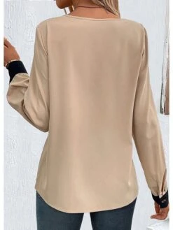 Women's Shirt Blouse Khaki Color Block Button Long Sleeve Work Fashion Round Neck Regular Fit Spring &Fall -Cheap Plus Fit Dress Store wnogif1696850719839