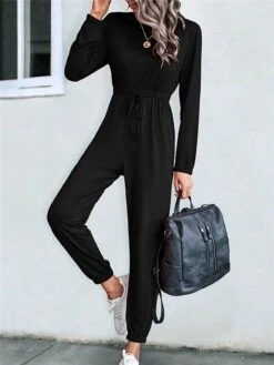 Women's Jumpsuit Drawstring Solid Color Crew Neck Streetwear Street Daily Regular Fit 3/4 Length Sleeve Black Red S M L Fall -Cheap Plus Fit Dress Store wnrviu1690941133259