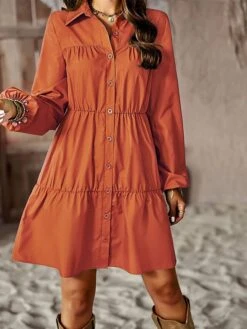 Women's Shirt Dress Casual Dress Maxi Long Dress Outdoor Daily Date Polyester Fashion Basic Shirt Collar Ruched Button Long Sleeve Spring Fall Winter 2023 Loose Fit Black Blue Purple Pure Color S M L -Cheap Plus Fit Dress Store wnvsjm1695195746635