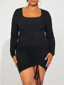 Women's Plus Size Party Dress Cocktail Dress Bodycon Mini Dress Black Long Sleeve Pure Color Drawstring Fall Winter Autumn Square Neck Fashion Vacation Slim 2023 XL XXL 3XL