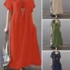 Women's Casual Dress Cotton Linen Dress A Line Dress Maxi Long Dress Cotton And Linen Basic Casual Outdoor Daily V Neck Pocket Short Sleeve Summer Spring 2023 Loose Fit ArmyGreen Navy Blue Orange