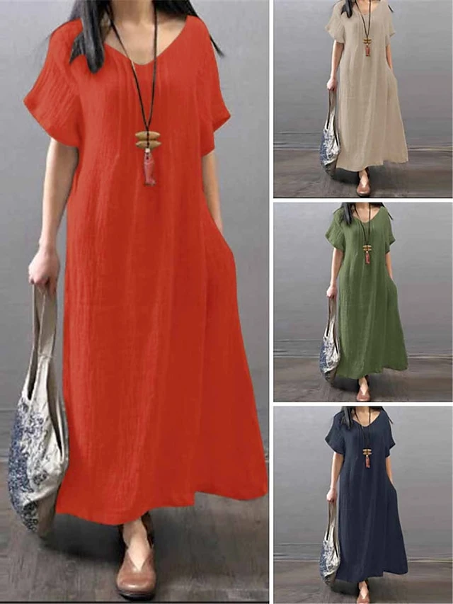Women's Casual Dress Cotton Linen Dress A Line Dress Maxi Long Dress Cotton And Linen Basic Casual Outdoor Daily V Neck Pocket Short Sleeve Summer Spring 2023 Loose Fit ArmyGreen Navy Blue Orange 1 Women's Casual Dress Cotton Linen Dress A Line Dress Maxi Long Dress Cotton And Linen Basic Casual Outdoor Daily V Neck Pocket Short Sleeve Summer Spring 2023 Loose Fit ArmyGreen Navy Blue Orange
