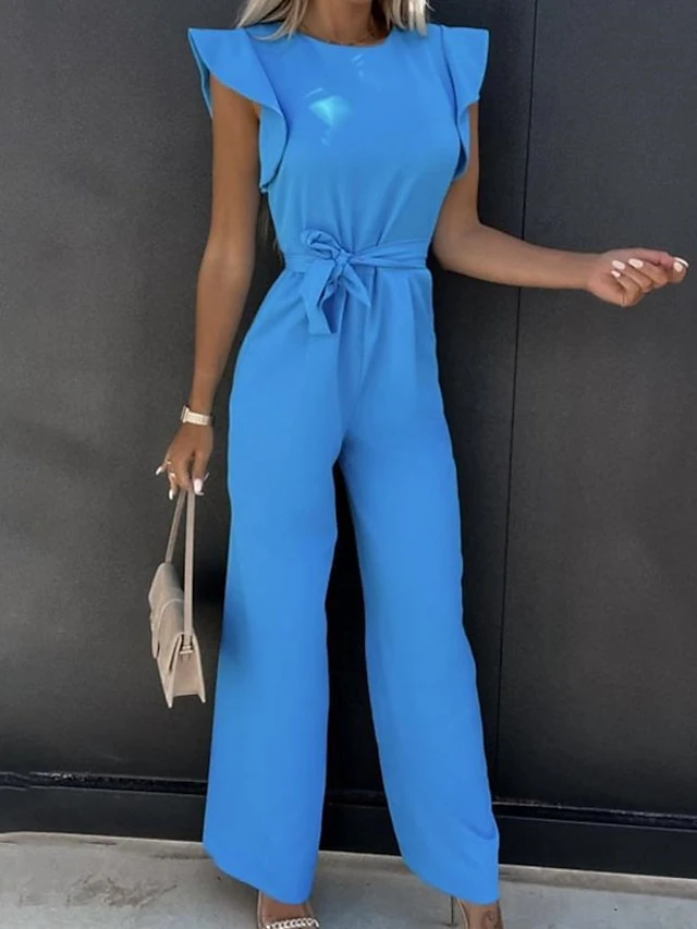 Women's Jumpsuits Casual Summer Lace Up Ruffle Solid Color Round Neck Elegant Party Going Out Regular Fit Short Sleeve White Blue Pink S M L Spring Fall 4 Women's Jumpsuits Casual Summer Lace Up Ruffle Solid Color Round Neck Elegant Party Going Out Regular Fit Short Sleeve White Blue Pink S M L Spring Fall - Image 4