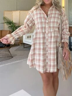 Women's Shirt Dress Casual Dress Mini Dress Outdoor Daily Vacation Polyester Fashion Modern Shirt Collar Button Pocket Long Sleeve Spring Fall Winter 2023 Loose Fit Pink Plaid S M L XL 2XL -Cheap Plus Fit Dress Store wouezq1695027665137