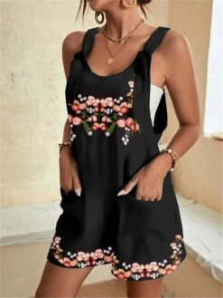 Black Jumpsuit For Women Overall Pocket Print Floral U Neck Casual Daily Weekend Baggy Shorts Loose Fit Strap White Pink S M L Summer
