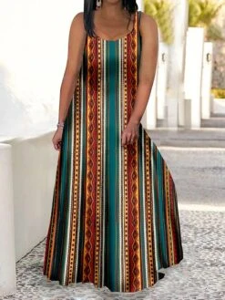 Women‘s Plus Size Curve Casual Dress Swing Dress Strap Dress Graphic Color Block Long Dress Maxi Dress Sleeveless Print Strap Romantic Daily Yellow Brown Summer Spring L XL XXL 3XL 4XL