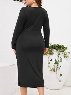 Women‘s Plus Size Curve Work Dress Sheath Dress Semi Formal Dress Fashion Midi Dress Ruched Split V Neck Long Sleeve Plain Regular Fit Black Wine Purple Fall Winter L XL XXL 3XL 4XL -Cheap Plus Fit Dress Store wpezmp1691401365643