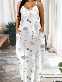 Women‘s Plus Size Curve Casual Dress Strap Dress Leaf Floral Long Dress Maxi Dress Sleeveless Print Strap Romantic Daily White Yellow Summer Spring L XL XXL 3XL 4XL