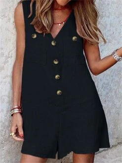 Jumpsuits For Women Summer Romper Button Solid Color V Neck Streetwear Street Daily Regular Fit Sleeveless Pink Navy Blue Fuchsia S M L