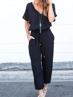 Black Jumpsuit For Women Lace Up Patch PocketSolid Color V Neck Streetwear Daily Vacation Loose Fit Short Sleeve Wine Blue S M L Spring -Cheap Plus Fit Dress Store wpumsi1676363686593