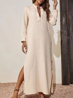 Women's Casual Dress Cotton Linen Dress Maxi Long Dress Linen / Cotton Blend Basic Classic Outdoor Daily Vacation Split Neck Split 3/4 Length Sleeve Summer Spring Fall 2023 Loose Fit Apricot Plain XS -Cheap Plus Fit Dress Store wqeftm1690268527395