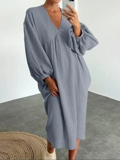 Women's Casual Dress Cotton Dress Loose Dress Midi Dress Linen / Cotton Blend Basic Classic Outdoor Daily Vacation V Neck Basic Long Sleeve Summer Spring Fall 2023 Loose Fit White Pink Blue Plain S M -Cheap Plus Fit Dress Store wqjmhe1690872879439
