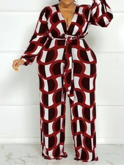 Women's Jumpsuit High Waist Print Geometric V Neck Casual Street Daily Regular Fit Long Sleeve Black Yellow Wine XL XXL 3XL Spring -Cheap Plus Fit Dress Store wqrwvk1675747234133