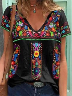 Women's T Shirt Tee Black Blue Graphic Floral Patchwork Print Short Sleeve Casual Daily Vintage V Neck Regular Floral S