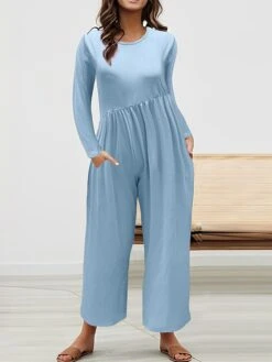 Women's Jumpsuit Pocket High Waist Solid Color Crew Neck Streetwear Street Daily Regular Fit Long Sleeve Black Yellow Red S M L Fall