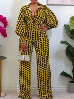 Women's Jumpsuit High Waist Print Print V Neck Streetwear Office Work Regular Fit Long Sleeve Yellow Red S M L Fall