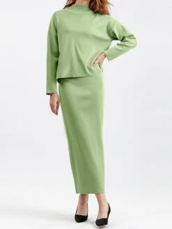 Women's Two Piece Dress Set Casual Dress Skirt Set Outdoor Daily Fashion Streetwear Split Ribbed Midi Dress Turtleneck Long Sleeve Plain Loose Fit Black Light Green Blue Fall One-Size -Cheap Plus Fit Dress Store wrusvd1693278283421