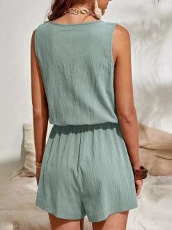 Women's Romper Lace Up Zipper Solid Color V Neck Holiday Street Daily Loose Fit Sleeveless Blue Green Khaki XS S M Summer -Cheap Plus Fit Dress Store wrvogo1688715423250