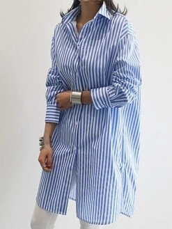 Women's Shirt Dress Casual Dress Mini Dress Outdoor Daily Polyester Fashion Modern Shirt Collar Button Print Long Sleeve Summer Spring Fall 2023 Loose Fit Blue Khaki Striped S M L XL 2XL -Cheap Plus Fit Dress Store wrwvpe1689227110623
