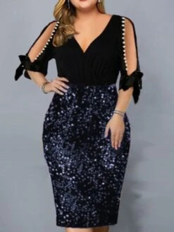 Women‘s Plus Size Curve Party Dress Solid Color V Neck Sequins Half Sleeve Spring Fall Stylish Sequins Prom Dress Midi Dress Party Club Dress Sheath Dress Sequin Dress -Cheap Plus Fit Dress Store wtkzdt1688639423765