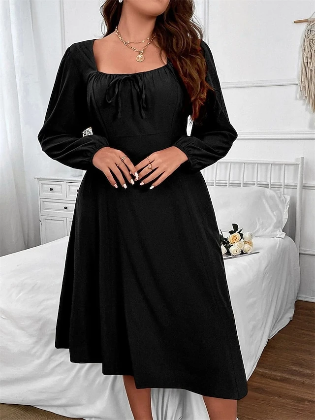 Women‘s Plus Size Curve Party Dress Cocktail Dress Wedding Guest Dress Black Dress Midi Dress Long Sleeve Pure Color Ruched Spring Fall Winter Square Neck Fashion Birthday Wedding Guest Vacation 1 Women‘s Plus Size Curve Party Dress Cocktail Dress Wedding Guest Dress Black Dress Midi Dress Long Sleeve Pure Color Ruched Spring Fall Winter Square Neck Fashion Birthday Wedding Guest Vacation