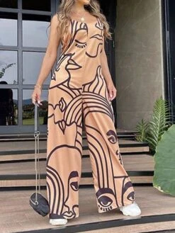 Women's Jumpsuit Print Abstract Crew Neck Streetwear Daily Vacation Wide Leg Loose Fit Sleeveless Black White Camel S M L Summer -Cheap Plus Fit Dress Store wtuqqw1677496029362