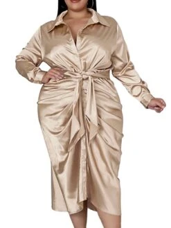 Women‘s Plus Size Curve Flattering Dresses Elegant Apple Shaped Dress Wedding Guest Work Dress Pure Color Shirt Collar Long Sleeve Fall Winter Work Midi Dress Going Out Work Dress Shirt Dress