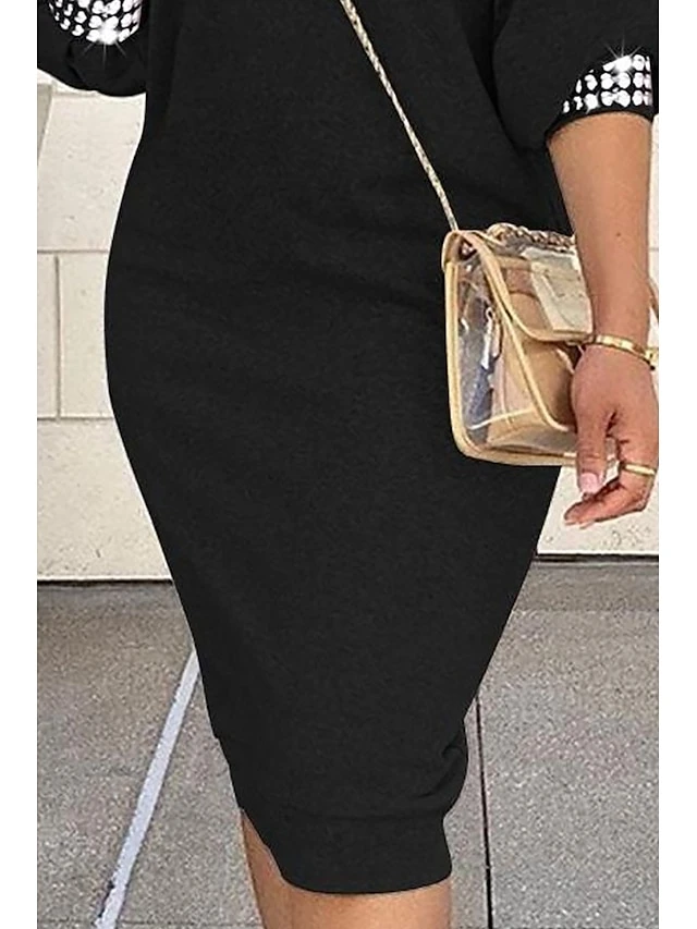 Women‘s Plus Size Curve Work Dress Pure Color Spaghetti Straps 3/4 Length Sleeve Spring Fall Stylish Elegant Midi Dress Formal Work Dress 1 Women‘s Plus Size Curve Work Dress Pure Color Spaghetti Straps 3/4 Length Sleeve Spring Fall Stylish Elegant Midi Dress Formal Work Dress