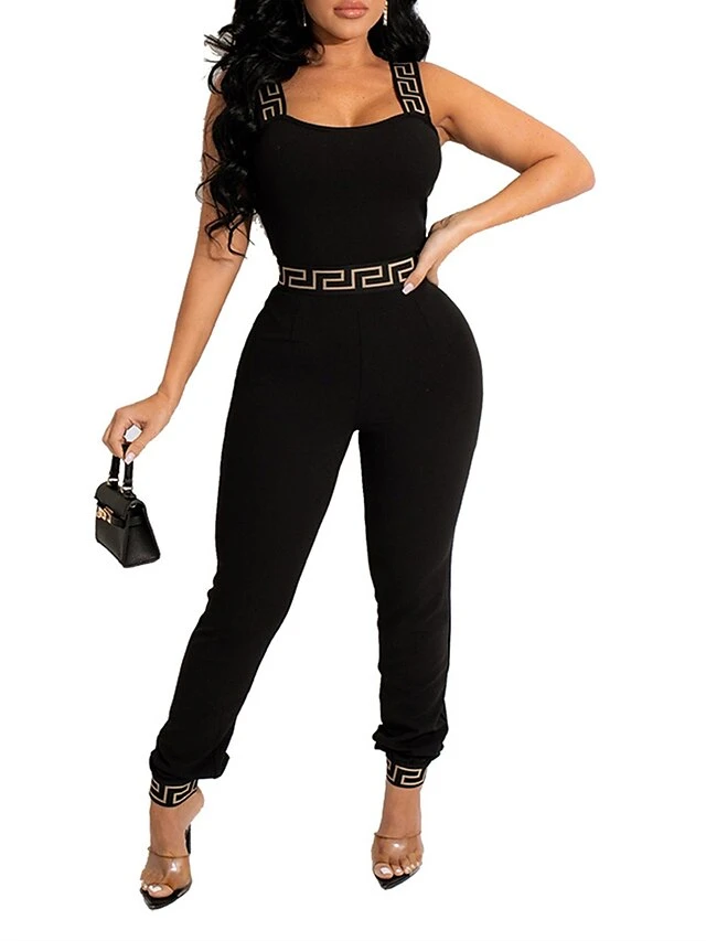 Women's Jumpsuit Backless Patchwork Plaid Crew Neck Streetwear Street Dailywear Slim Spaghetti Strap Black Beige S M L Spring 4 Women's Jumpsuit Backless Patchwork Plaid Crew Neck Streetwear Street Dailywear Slim Spaghetti Strap Black Beige S M L Spring - Image 4