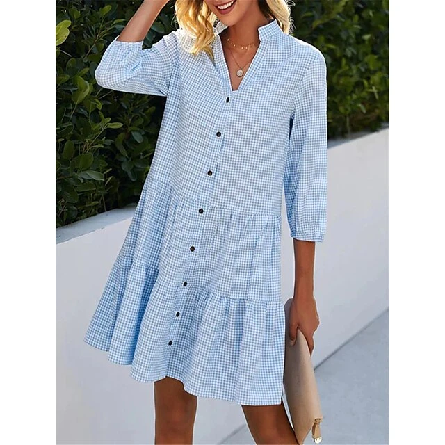 Women's Shirt Dress Casual Dress Cotton Linen Dress Mini Dress Cotton Cotton Blend Fashion Modern Outdoor Daily Date Split Neck Button Print 3/4 Length Sleeve Summer Spring Fall 2023 Loose Fit Blue 2 Women's Shirt Dress Casual Dress Cotton Linen Dress Mini Dress Cotton Cotton Blend Fashion Modern Outdoor Daily Date Split Neck Button Print 3/4 Length Sleeve Summer Spring Fall 2023 Loose Fit Blue - Image 2