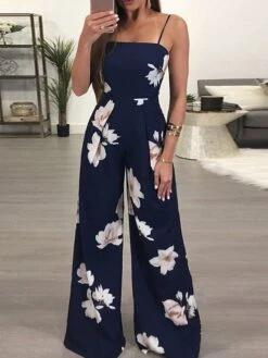 Women's Jumpsuit Print Floral Crew Neck Streetwear Daily Vacation Regular Fit Sleeveless Blue S M L Spring