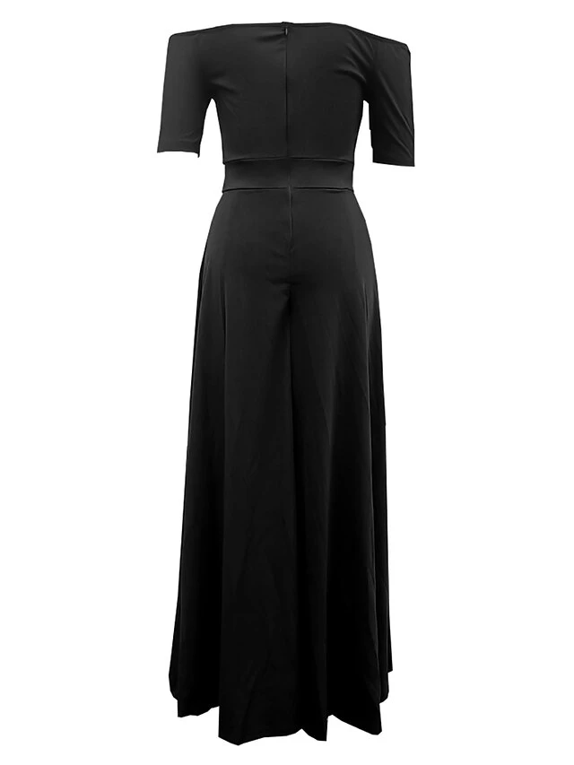 Black Jumpsuit For Women Overlay Print Solid Color Off Shoulder Wedding Elegant Party Straight Regular Fit Short Sleeve Black S M L Summer Fall 3 Black Jumpsuit For Women Overlay Print Solid Color Off Shoulder Wedding Elegant Party Straight Regular Fit Short Sleeve Black S M L Summer Fall - Image 3