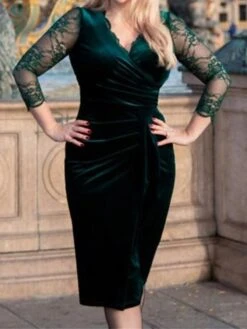 Women's Plus Size Curve Party Dress Velvet Dress Work Dress Plain Midi Dress 3/4 Length Sleeve Lace Ruched V Neck Fashion Party Black Wine Fall Winter XL XXL 3XL 4XL