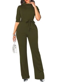 Women's Jumpsuit Solid Color Stand Collar Basic Office Street Regular Fit 3/4 Length Sleeve Wine Army Green Brown S M L Spring -Cheap Plus Fit Dress Store wvhyhx1640254123578