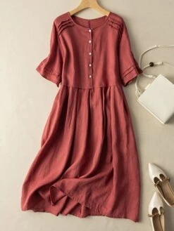 Women's Casual Dress Cotton Linen Dress Midi Dress Linen / Cotton Blend Fashion Classic Style Outdoor Daily Holiday Crew Neck Button Short Sleeve Fall Winter Autumn 2023 Loose Fit Pink Wine Green -Cheap Plus Fit Dress Store wvvqng1694418667193