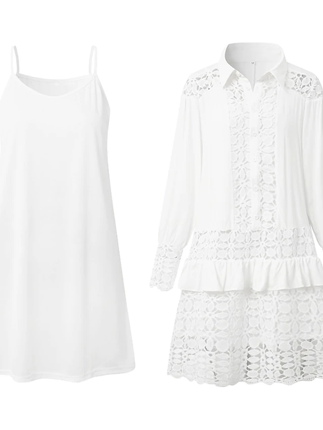 Women's Shirt Dress Casual Dress Cotton Linen Dress Mini Dress Lace Basic Classic Outdoor Daily Vacation Shirt Collar Lace Patchwork Long Sleeve Summer Spring Fall 2023 Loose Fit White Sky Blue Plain 3 Women's Shirt Dress Casual Dress Cotton Linen Dress Mini Dress Lace Basic Classic Outdoor Daily Vacation Shirt Collar Lace Patchwork Long Sleeve Summer Spring Fall 2023 Loose Fit White Sky Blue Plain - Image 3