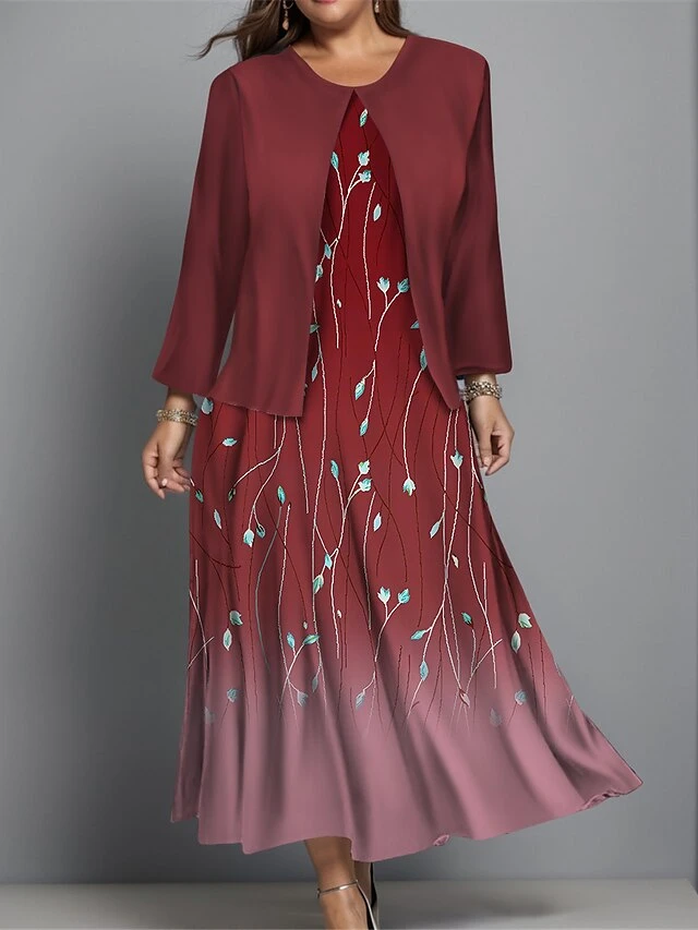 Women's Plus Size Two Piece Dress Set Casual Dress Swing Dress Outdoor Office Fashion Streetwear Print Midi Dress Crew Neck Long Sleeve Floral Ombre Regular Fit Wine Blue Green Fall Winter L XL XXL 5 Women's Plus Size Two Piece Dress Set Casual Dress Swing Dress Outdoor Office Fashion Streetwear Print Midi Dress Crew Neck Long Sleeve Floral Ombre Regular Fit Wine Blue Green Fall Winter L XL XXL - Image 5