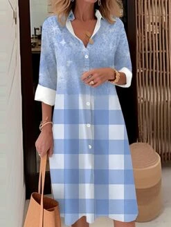 Women's Shirt Dress Casual Dress Midi Dress Outdoor Office Daily Polyester Fashion Modern Shirt Collar Button Pocket Long Sleeve Fall Winter 2023 Loose Fit Pink Sky Blue Orange Plaid Ombre S M L XL -Cheap Plus Fit Dress Store wwhrjh1694421624176