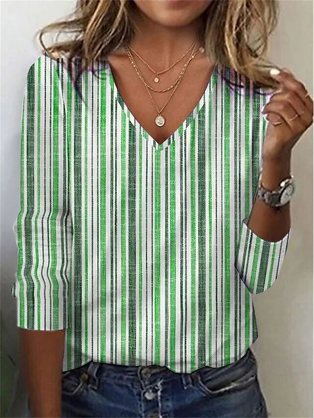 Women's T Shirt Tee Yellow Light Green Blue Striped Print Long Sleeve Daily Weekend Basic V Neck Regular Fit Painting Fall & Winter 8 Women's T Shirt Tee Yellow Light Green Blue Striped Print Long Sleeve Daily Weekend Basic V Neck Regular Fit Painting Fall & Winter - Image 8