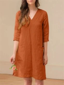 Women's Casual Dress Cotton Linen Dress A Line Dress Midi Dress Cotton Blend Basic Casual Outdoor Daily V Neck Pocket 3/4 Length Sleeve Summer Spring Fall 2023 Loose Fit ArmyGreen Navy Blue Orange -Cheap Plus Fit Dress Store wwomgi1675929173106