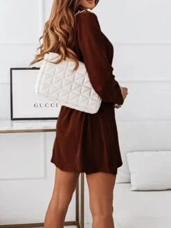 Women's Shirt Dress Casual Dress Mini Dress Outdoor Daily Date Cotton Fashion Modern Shirt Collar Lace Up Button Long Sleeve Fall Winter 2023 Loose Fit Wine Brown Green Plain S M L XL 2XL -Cheap Plus Fit Dress Store wwqcvc1694427907638