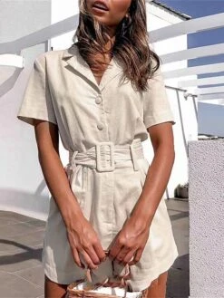 Women's Romper Button High Waist Solid Color Shirt Collar Streetwear Street Daily Regular Fit Short Sleeve Khaki S M L Summer
