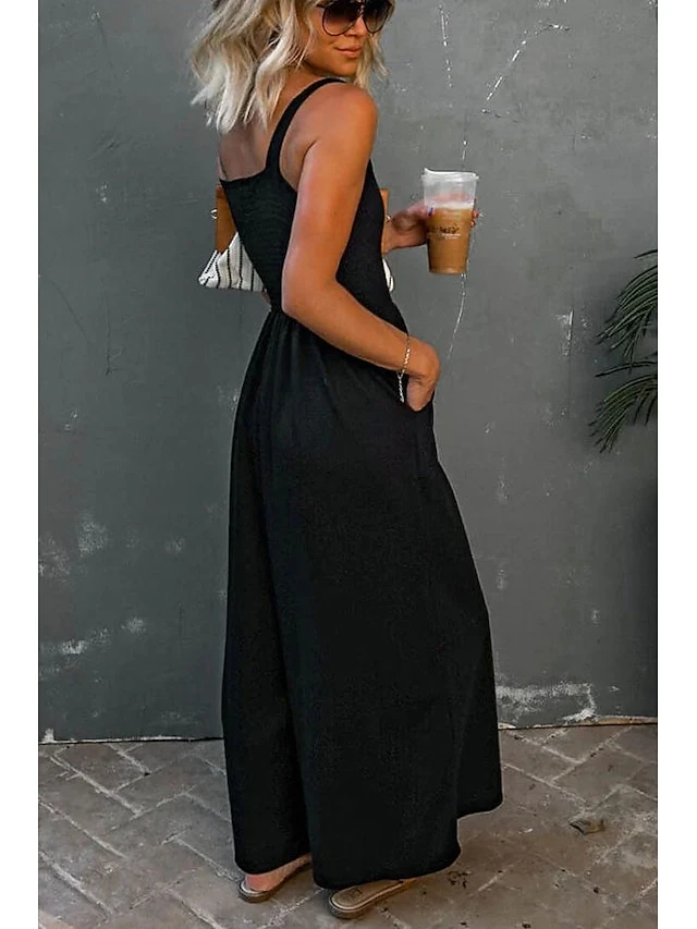 Women's Jumpsuit Backless Pocket Solid Color Square Neck Streetwear Daily Vacation Regular Fit Strap Black Wine Navy Blue S M L Spring 3 Women's Jumpsuit Backless Pocket Solid Color Square Neck Streetwear Daily Vacation Regular Fit Strap Black Wine Navy Blue S M L Spring - Image 3