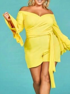 Women's Romper Ruffle Backless Solid Color Off Shoulder Streetwear Daily Vacation Regular Fit Long Sleeve Yellow L XL XXL Spring