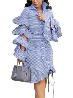 Women's Shirt Dress Sheath Dress Midi Dress Winter Dress Daily Vacation Polyester Cotton Blend Fashion Casual Shirt Collar Lace Up Ruched Long Sleeve Summer Spring Fall 2022 Regular Fit Red Light Blue